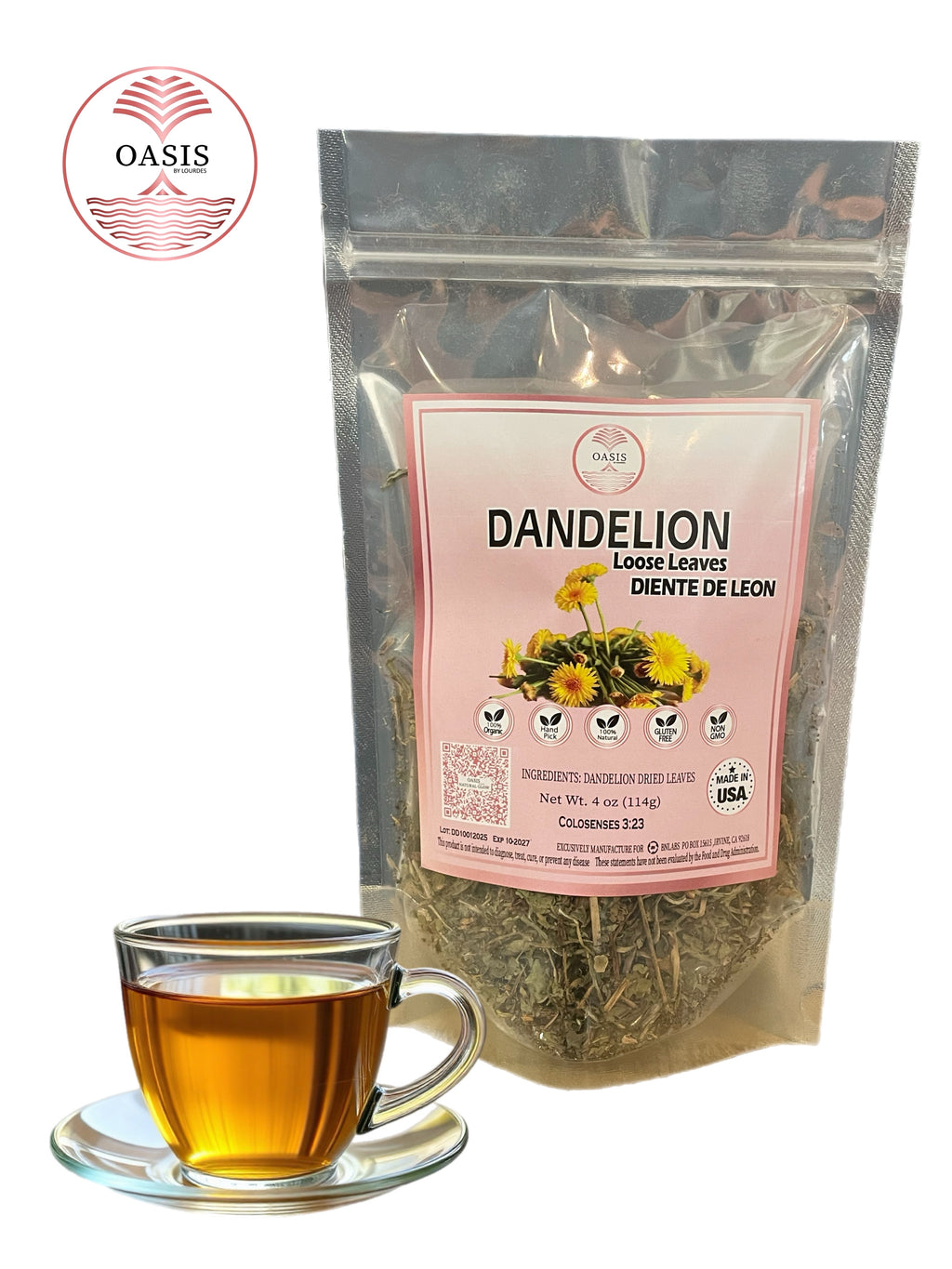Oasis Dandelion Loose Leaves Herbal Tea 4oz - Refreshing Natural Tea for Everyday & Special Occasions, Loose Leaves for Easy Brewing Flavor Spice