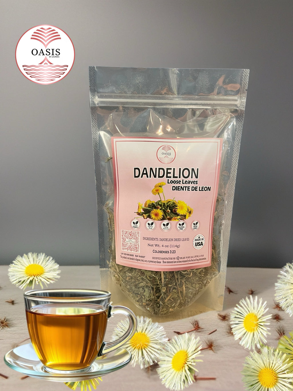 Oasis Dandelion Loose Leaves Herbal Tea 4oz - Refreshing Natural Tea for Everyday & Special Occasions, Loose Leaves for Easy Brewing Flavor Spice